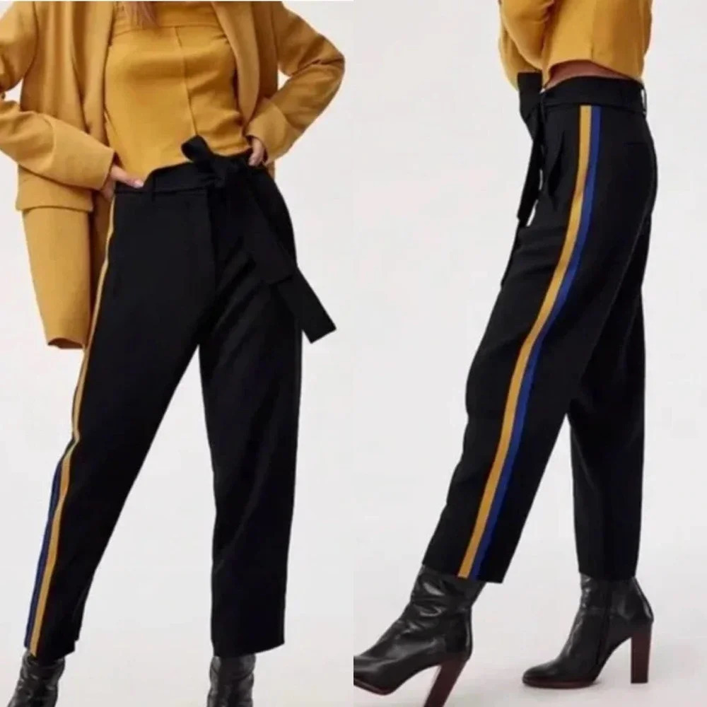 Aritzia Wilfred Jallade Trouser Pants Black Blue Yellow Stripe Size 0